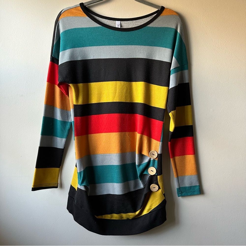 Yincro Striped Crew Neck Office T-Shirt Button Side Tunic Top Blouse Size S